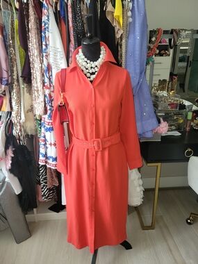 Classic And Elegant Coral Shirt Dress with Belt